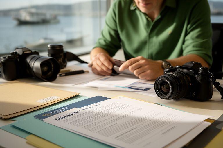 News editor reviewing a tidewatch briefing beside a desk filled with notes, camera gear, and dockside reports