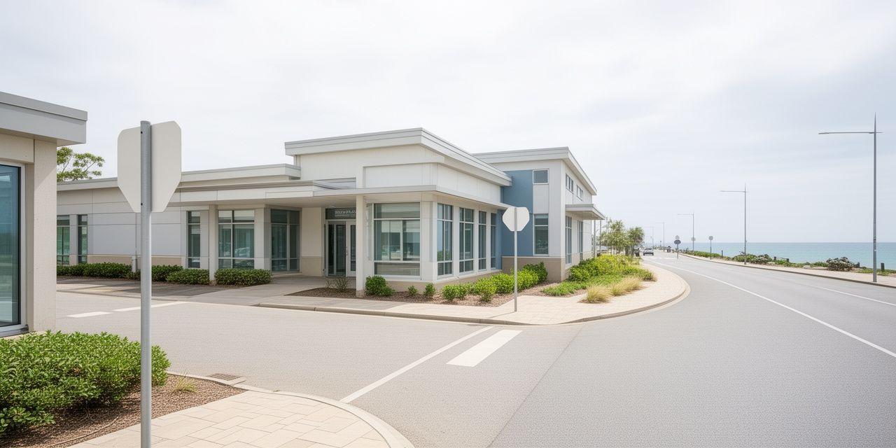 Street-level exterior view of the newsroom office near a quiet coastal road with signage and visitor parking